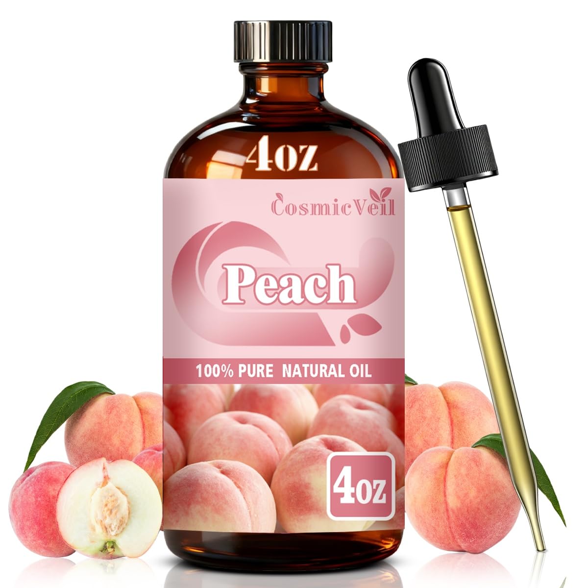 CosmicVeil Peach Essential Oil in amber bottle pour for precise, mess-free aroma diffusion.