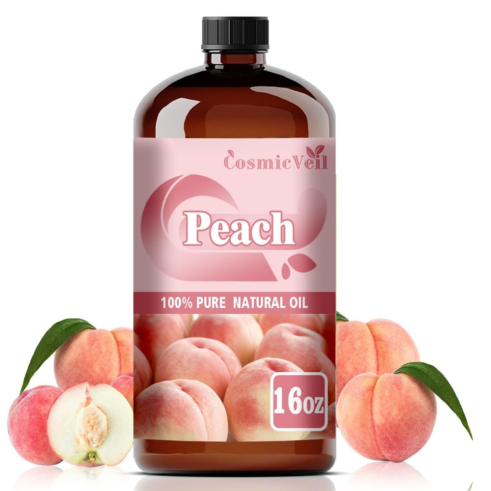 CosmicVeil Peach Essential Oil 16oz bottle for versatile diffusing and DIY projects.