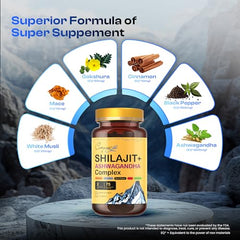 Close-up of ingredients blend: Shilajit, Ashwagandha, Mace, Gokshura for balanced wellness.