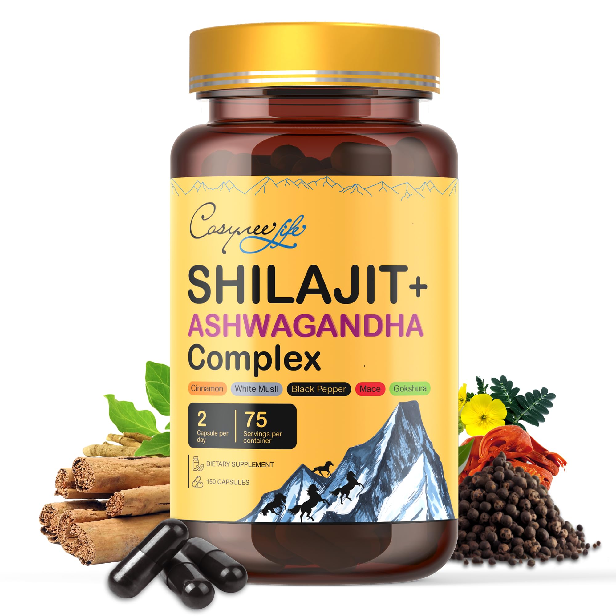 Cosynee Himalayan Shilajit complex bottle featuring 85+ minerals for daily vitality.