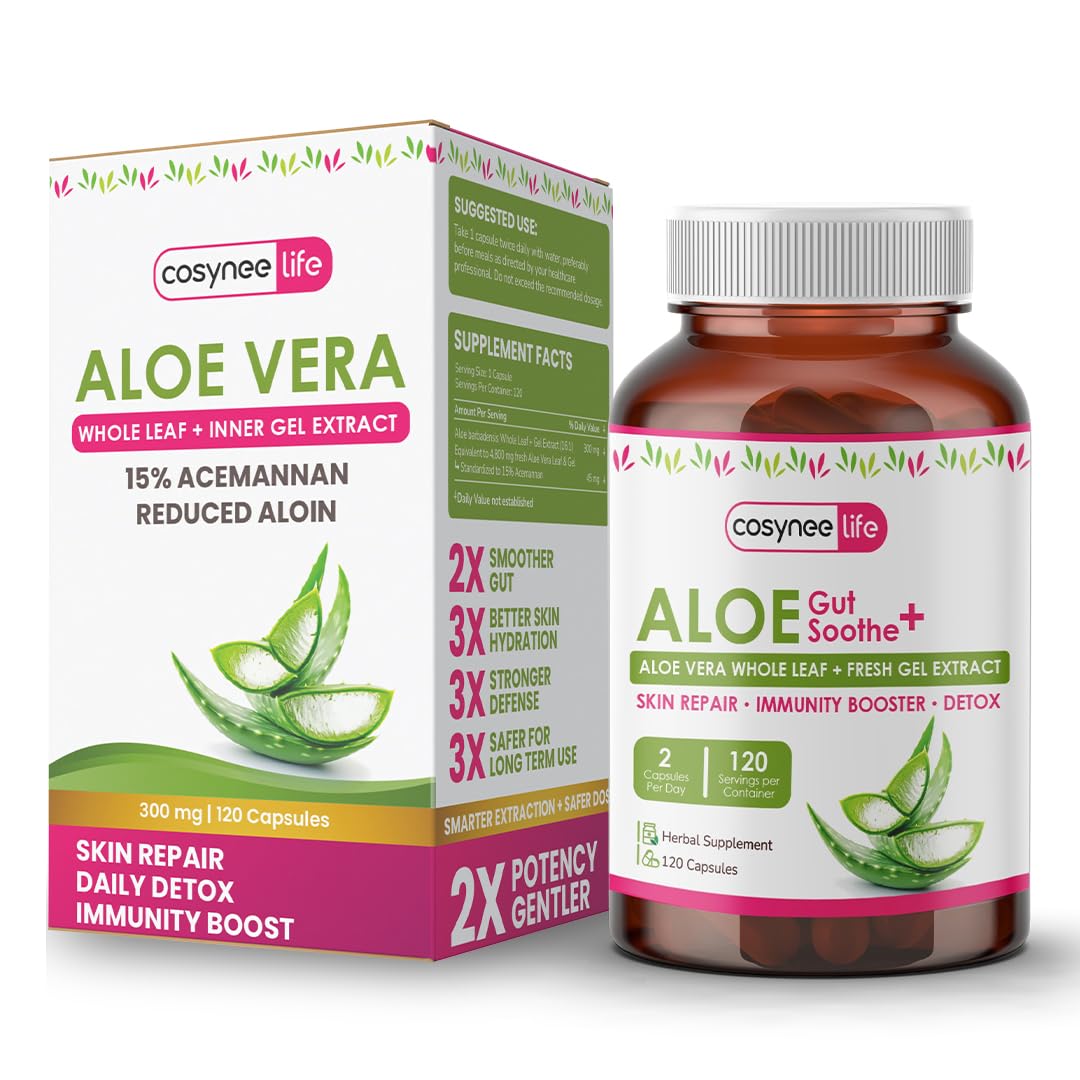 Cosynee Life Aloe Vera bottle pour highlights acemannan-rich extract for daily use.