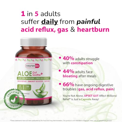 Cosynee Life Aloe Vera capsules close-up shows low aloin formula for gentle daily use.