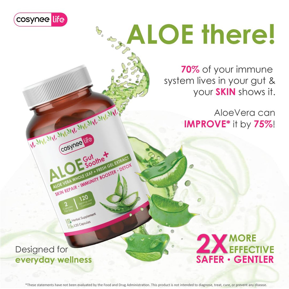 Cosynee Life Aloe Vera with a glass of water illustrates simple ingestion practice.