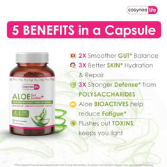 Cosynee Life Aloe Vera label indicates organic gel and leaf extract for daily wellness.