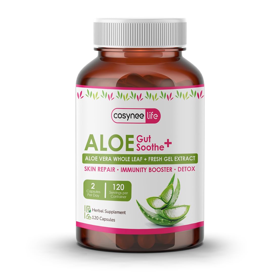 Cosynee Life Aloe Vera leaf and capsules imply premium organic aloe for antioxidant support.