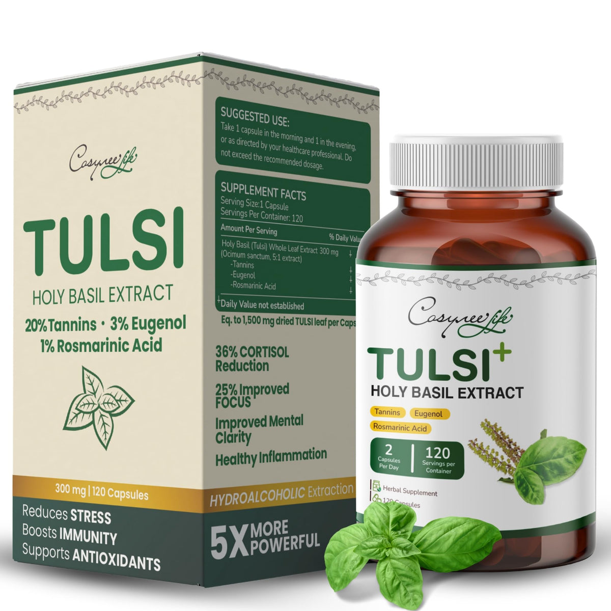 Cosynee Life Basil 300mg bottle shows high-potency tulsi for daily balance.