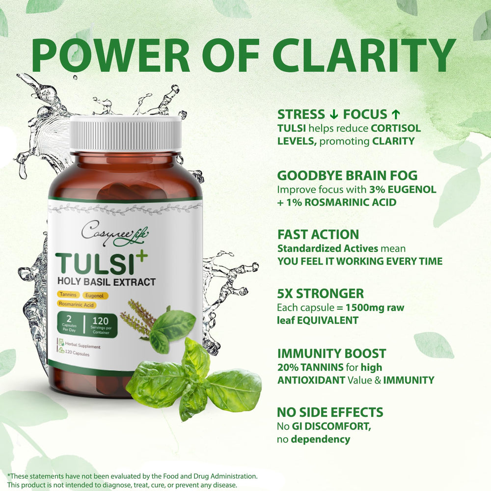 Cosynee Life Organic Tulsi leaf image highlights pure, vegan extraction.
