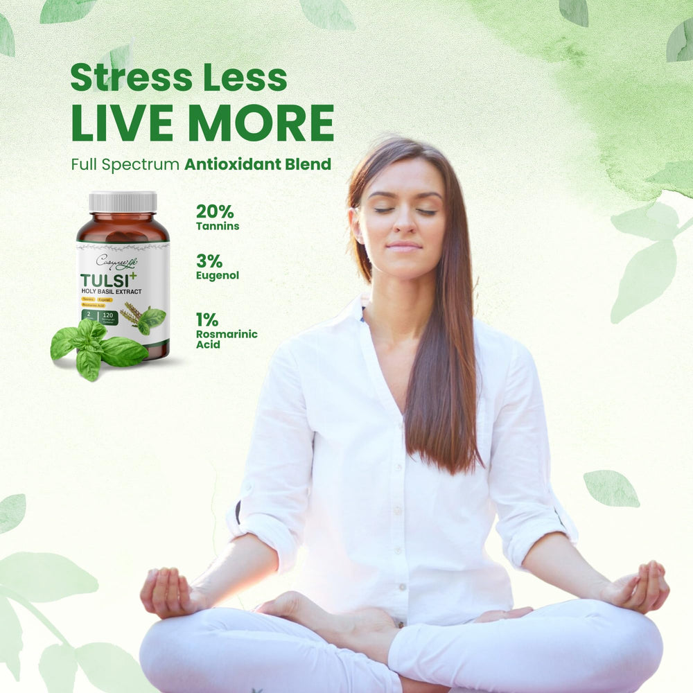 Cosynee Life Tulsi capsules close-up for caffeine-free focus support.