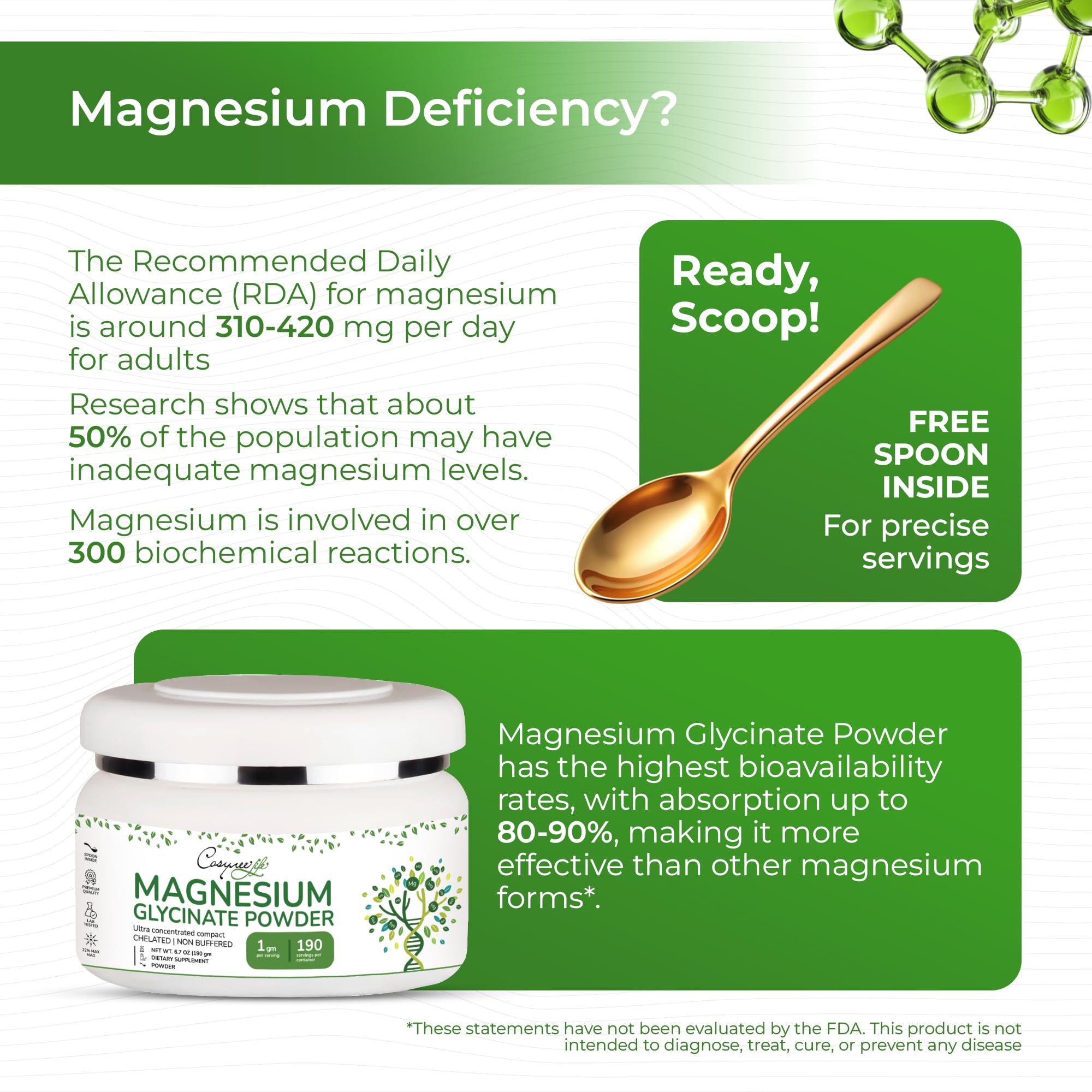 Cosynee magnesium glycinate 220mg powder scoop for easy precise dosing