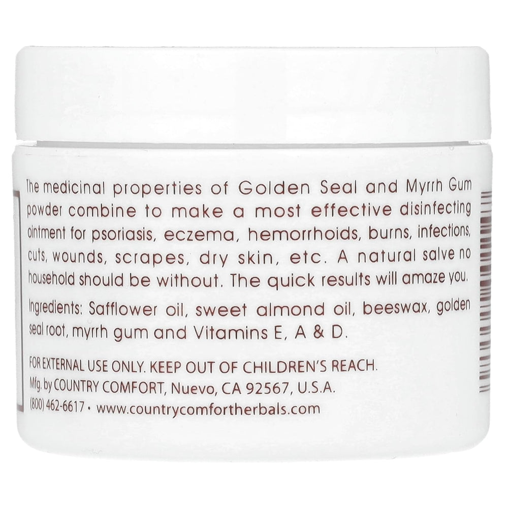 Country Comfort Goldenseal Myrrh salve label close-up highlighting natural ingredients.