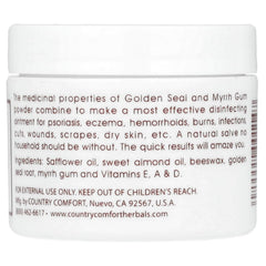 Country Comfort Goldenseal Myrrh salve label close-up highlighting natural ingredients.