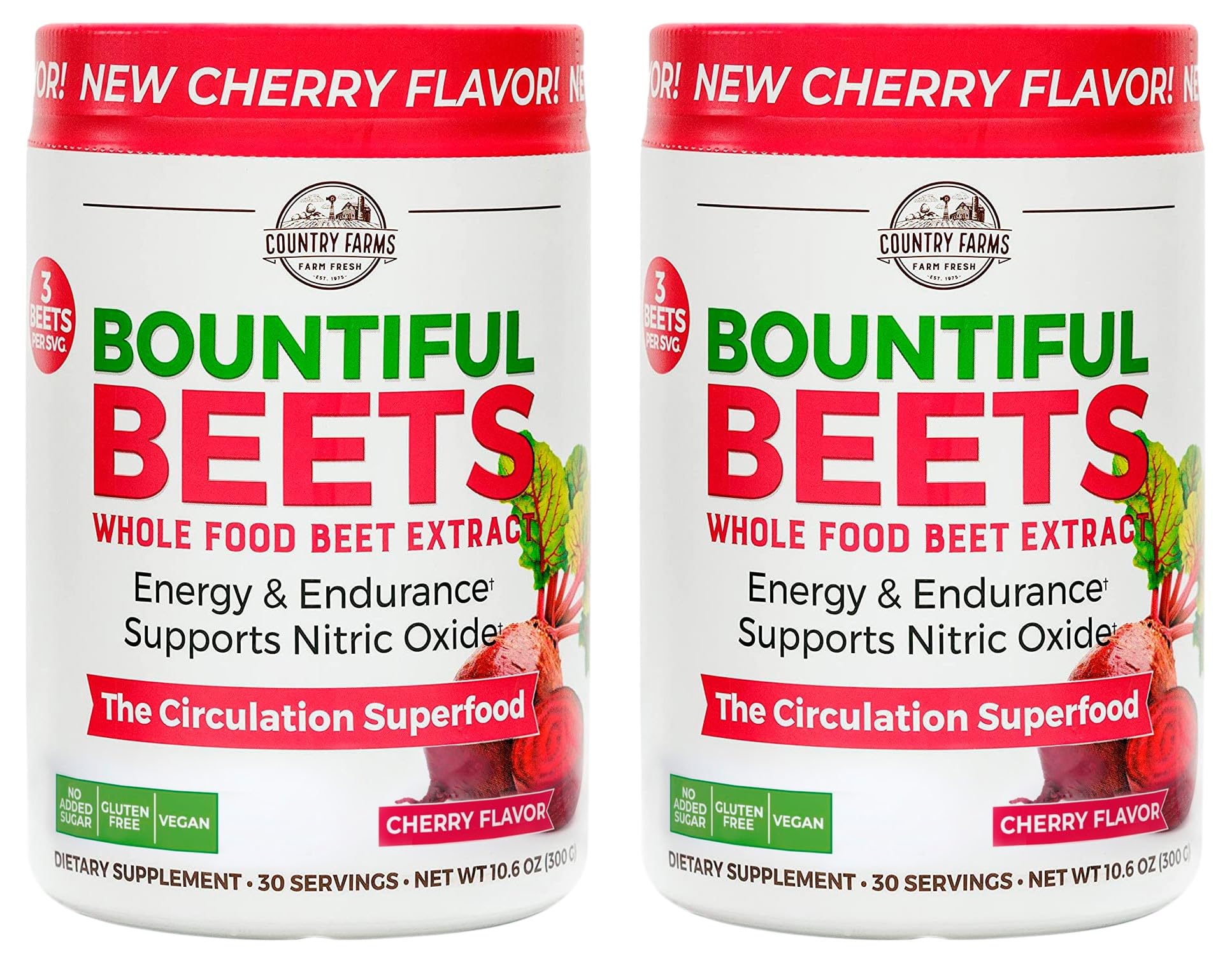 Country Farms Bountiful Beets Powder bottle on counter, supports natural energy and circulation.