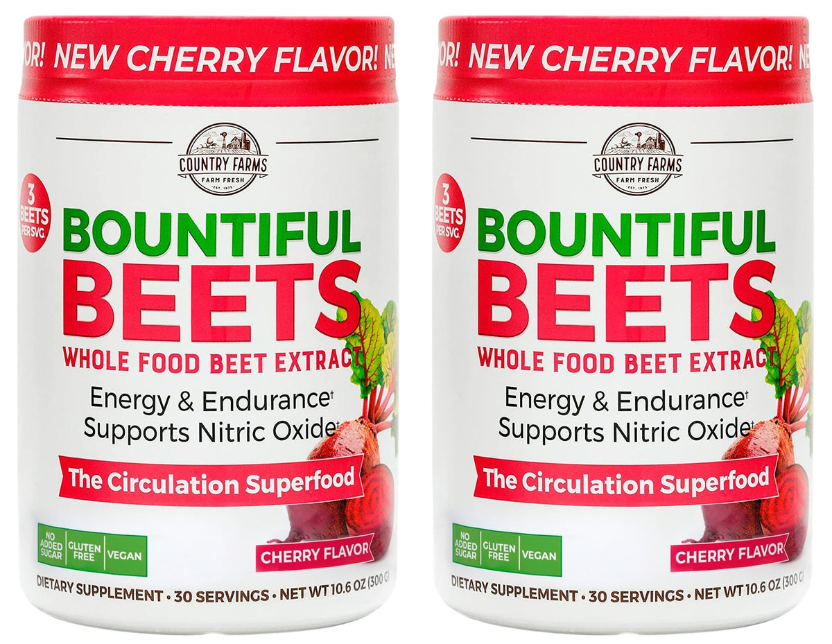 Country Farms Bountiful Beets Powder bottle on counter, supports natural energy and circulation.