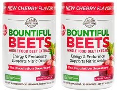 Country Farms Bountiful Beets Powder bottle on counter, supports natural energy and circulation.