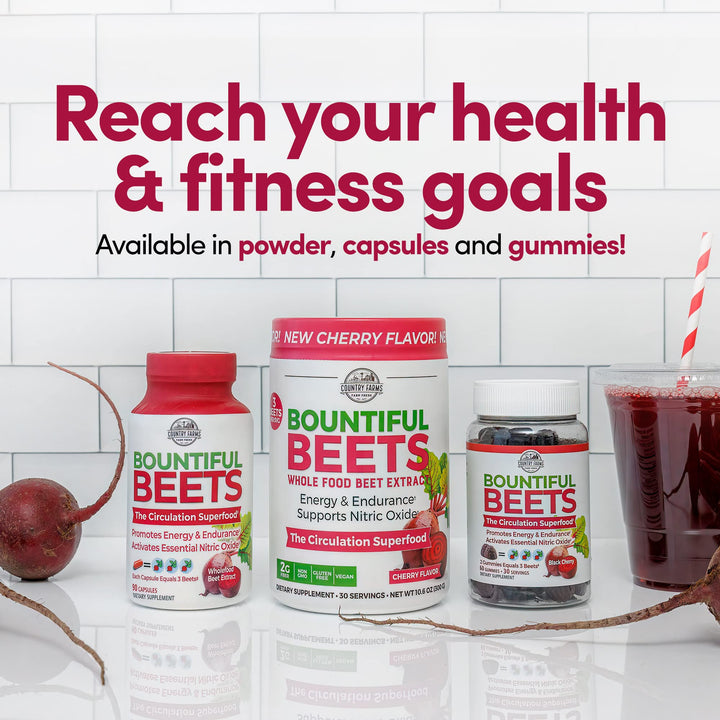 Country Farms Bountiful Beets Powder cherry-flavor drink swirl in a glass.