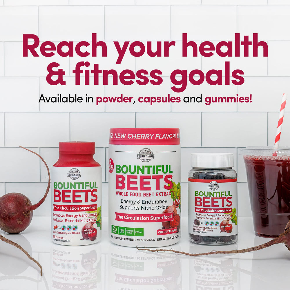 Country Farms Bountiful Beets Powder cherry-flavor drink swirl in a glass.