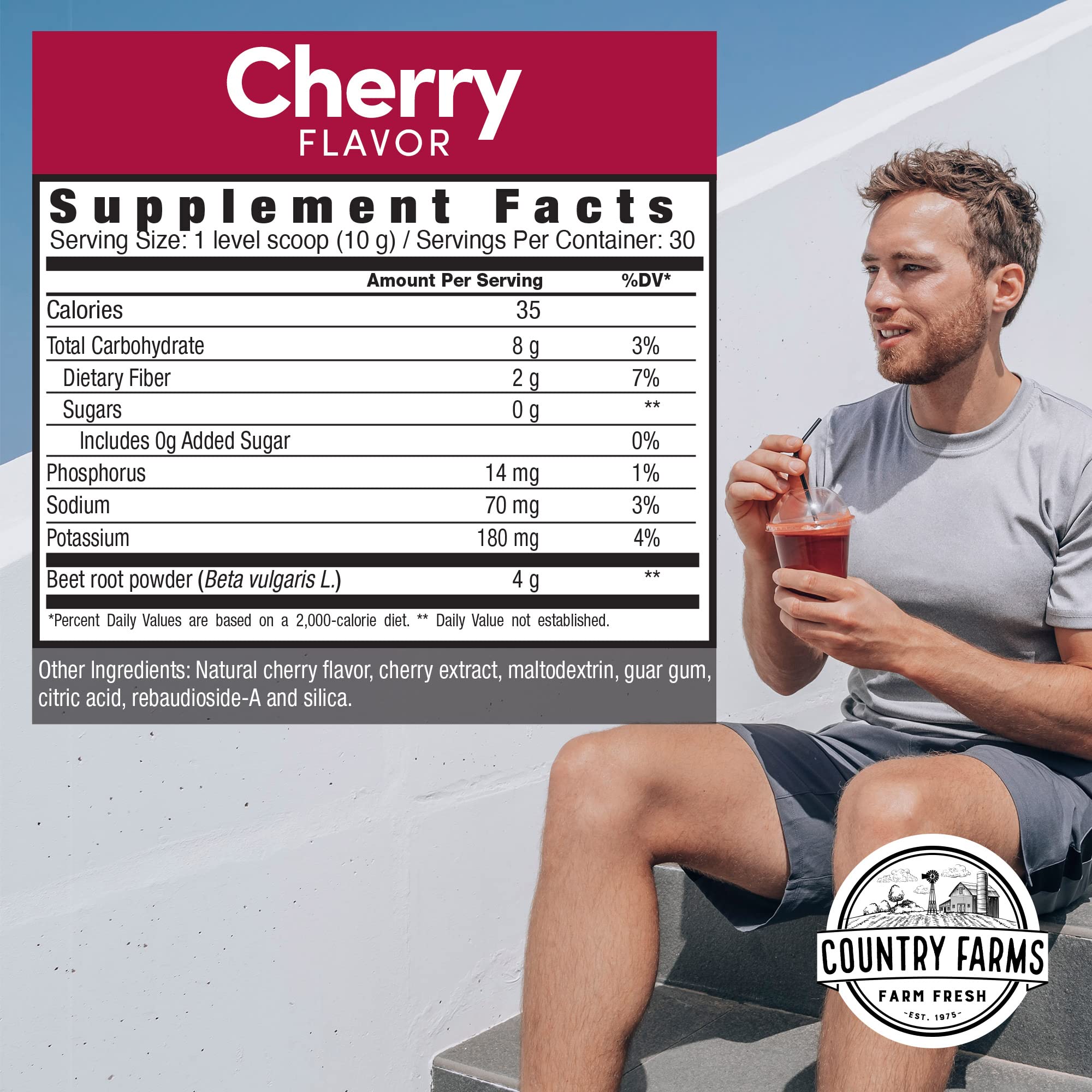 Country Farms Bountiful Beets Powder poured into a glass, ready for a refreshing energy boost.