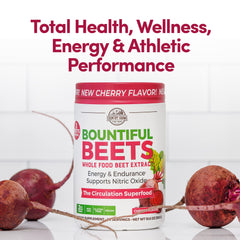 Country Farms Bountiful Beets Powder label closeup highlights cherry flavor and natural ingredients.