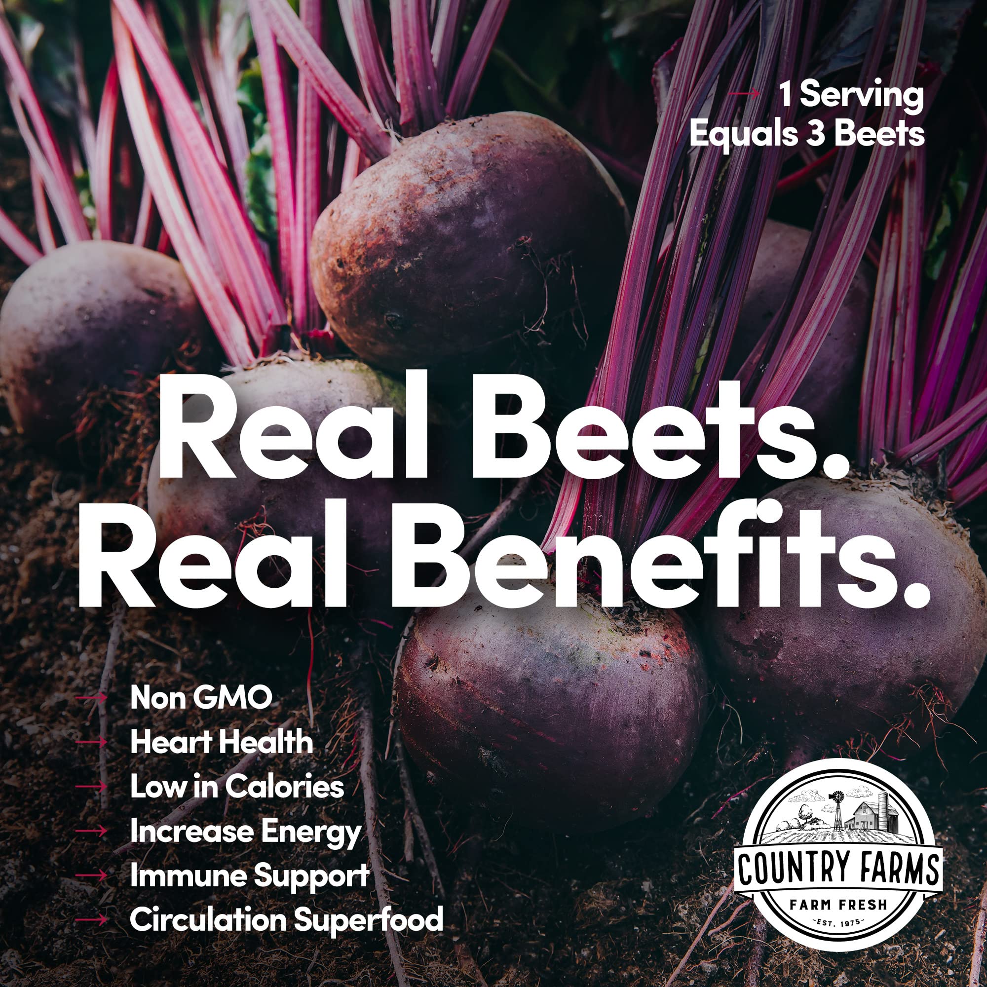 Country Farms Bountiful Beets Powder packaging on shelf emphasizes convenient 60 servings.