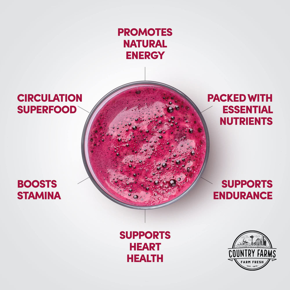 Country Farms Bountiful Beets Powder scoop ready to mix into smoothies for daily circulation support.