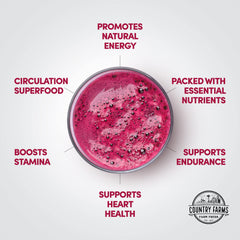Country Farms Bountiful Beets Powder scoop ready to mix into smoothies for daily circulation support.