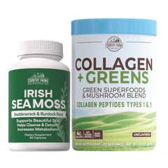 Country Farms Collagen + Greens powder bottle on kitchen counter for radiant skin.