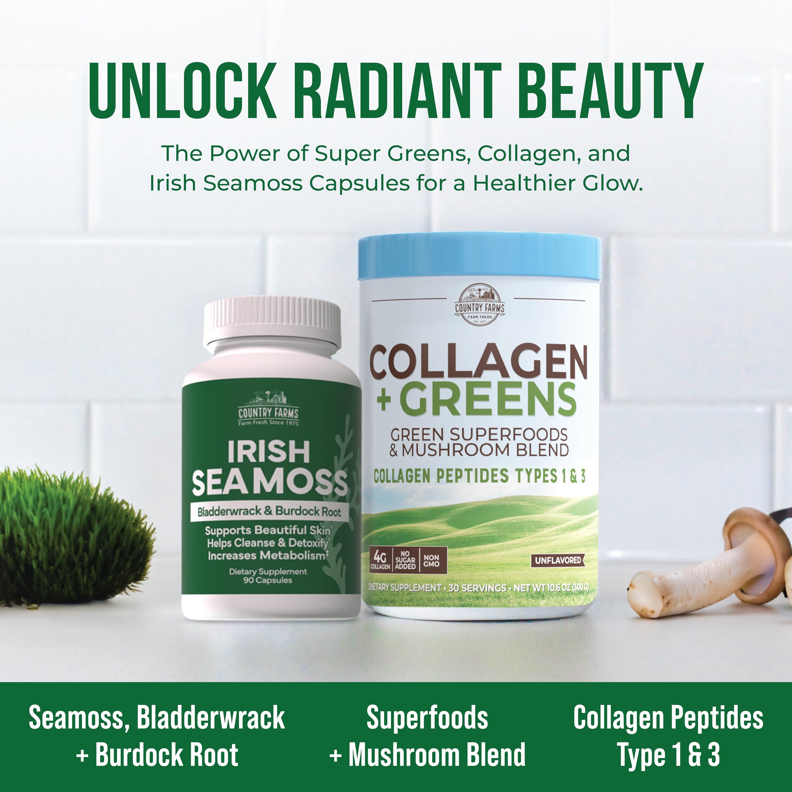 Country Farms glow-focused hair, skin, nails setup demonstrates vitality.