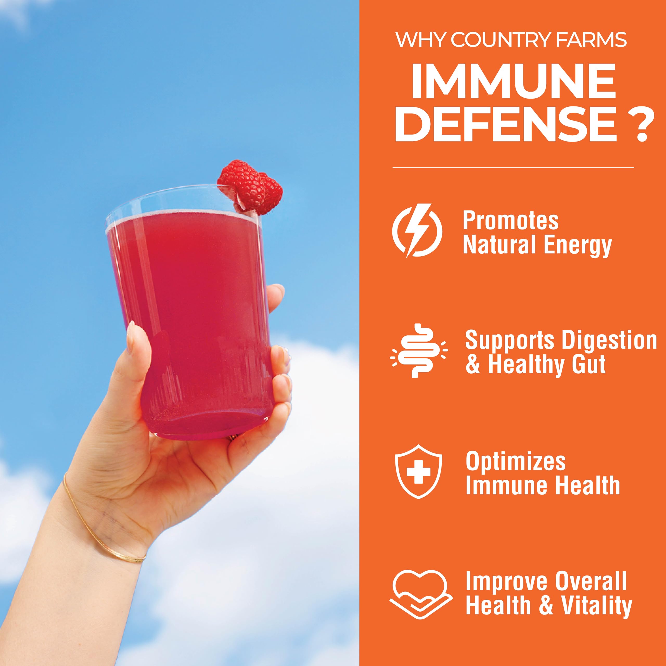 Country Farms Immune Defense berry powder close-up highlighting flavor.