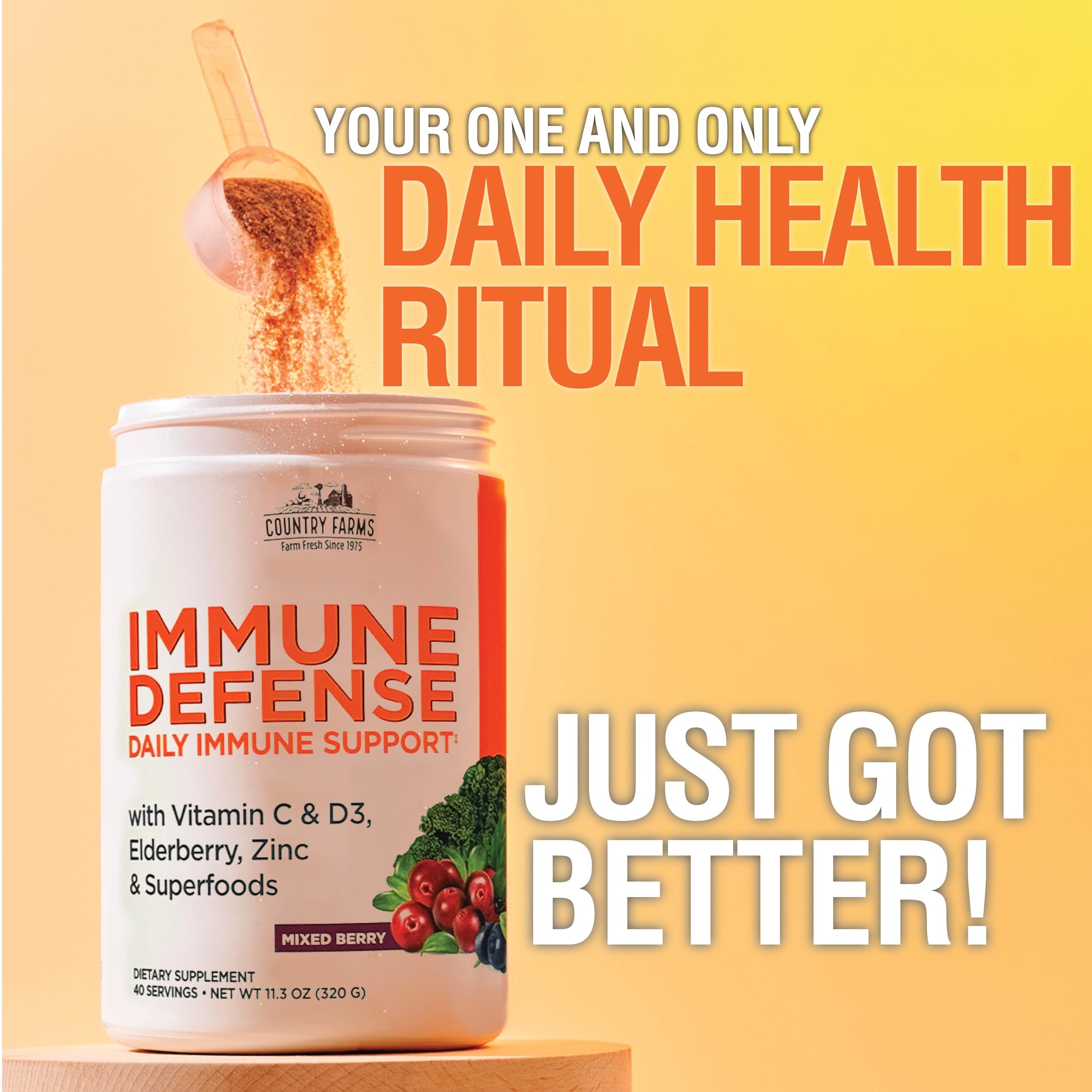 Country Farms Immune Defense ingredient overview featuring Vitamin C and zinc.