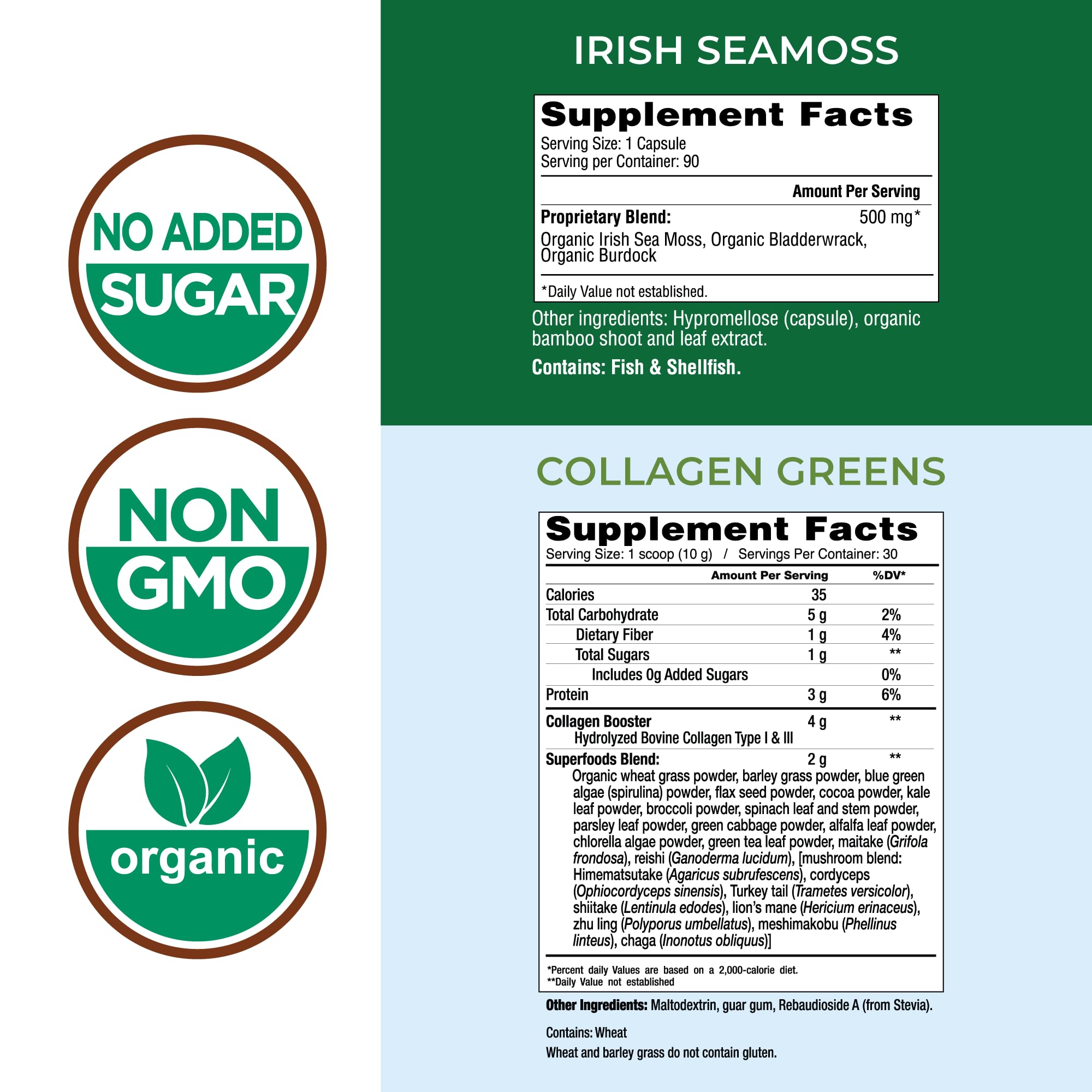 Country Farms Irish Sea Moss Capsules bottle highlighting minerals for radiant glow.