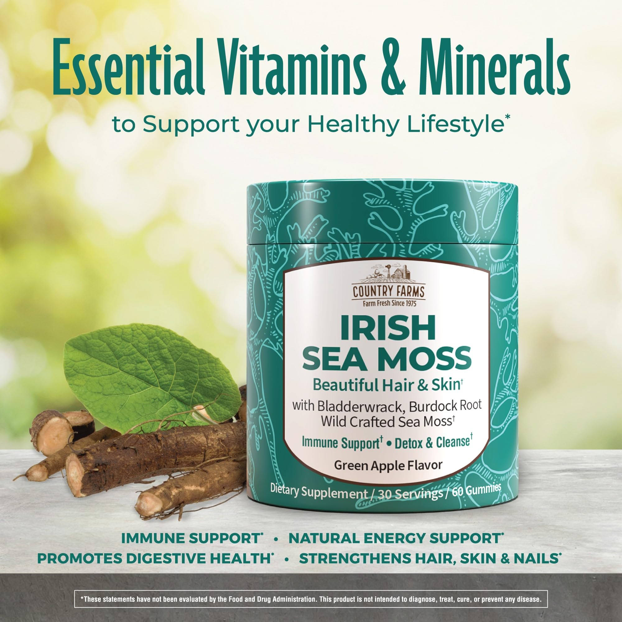 Country Farms Irish Sea Moss Gummies ingredients display with bladderwrack and burdock.