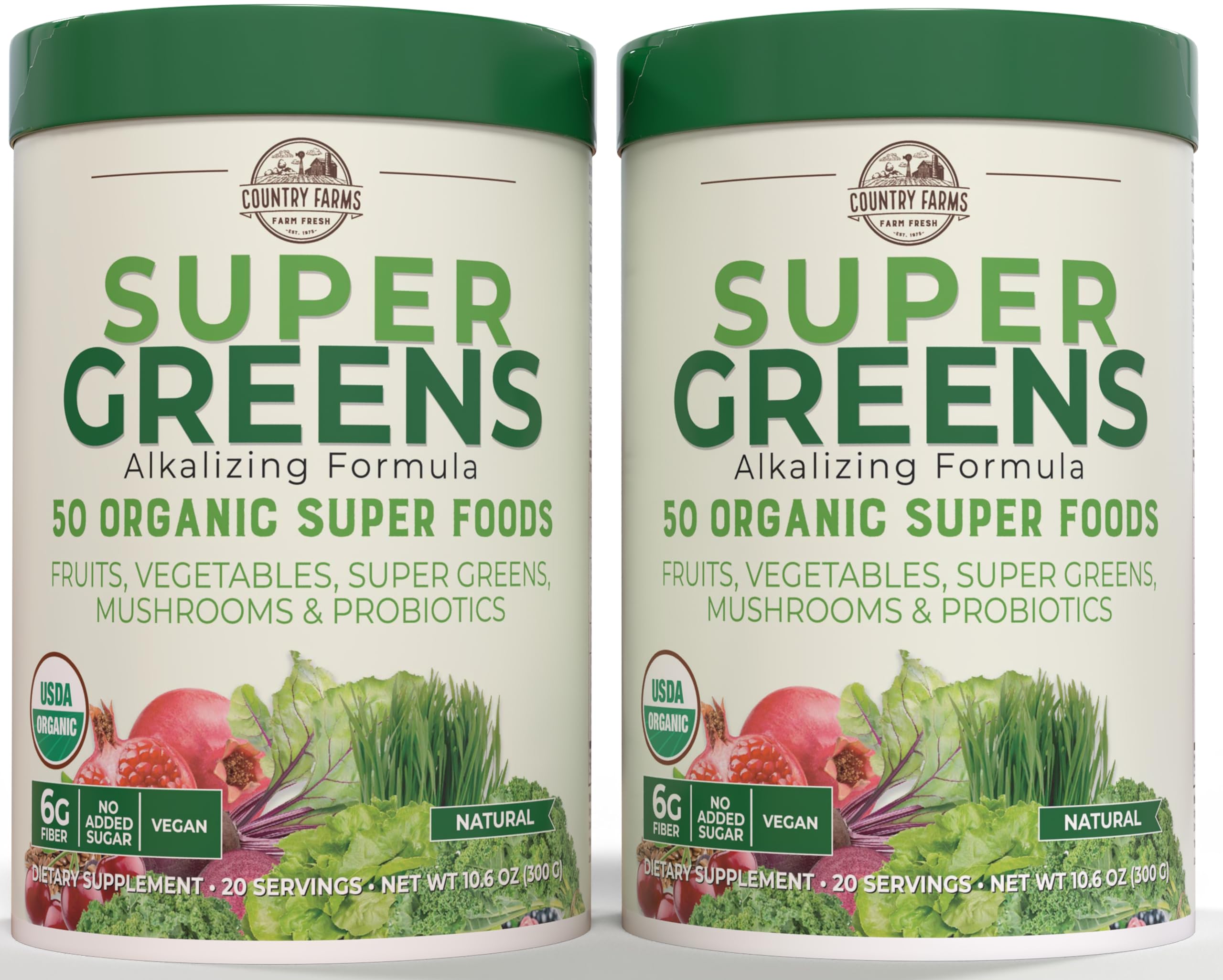 Country Farms Super Greens bottle front shows 50 organic ingredients for daily nutrition.