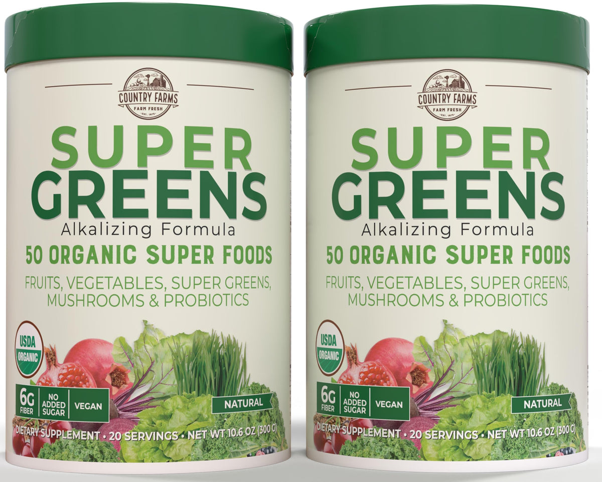Country Farms Super Greens bottle front shows 50 organic ingredients for daily nutrition.