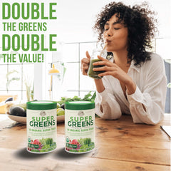 Scoop of Country Farms Super Greens beside a smoothie for convenient daily nutrition.