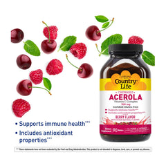 Country Life Acerola Vitamin C bottle cap and wafers on a bright countertop for daily immune support