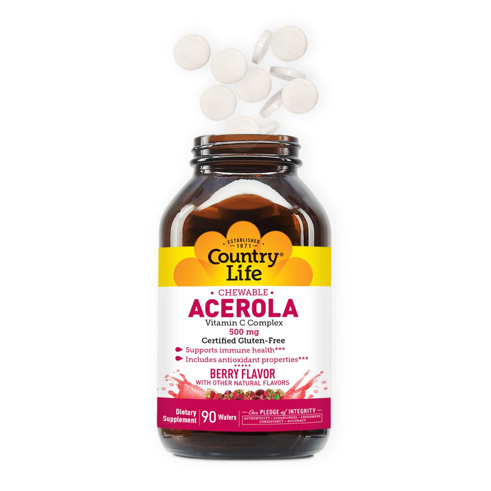 Country Life Acerola Vitamin C box showing batch and gluten-free AVA certifications