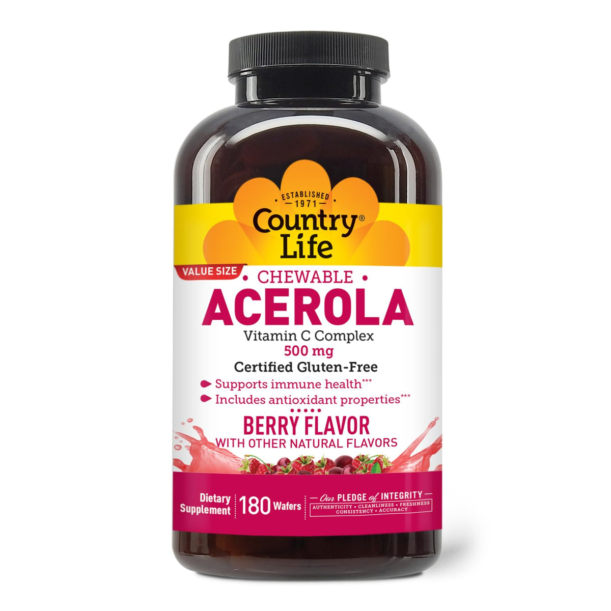 Country Life Acerola Vitamin C Wafers, front view, berry flavor and chewy texture.