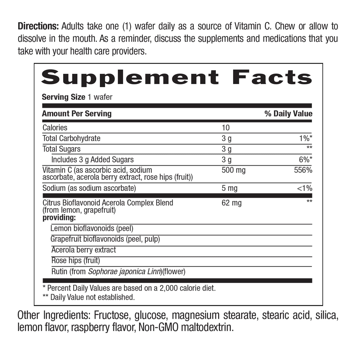 Country Life Acerola Vitamin C Wafers ingredients panel highlighting acerola and citrus bioflavonoids.