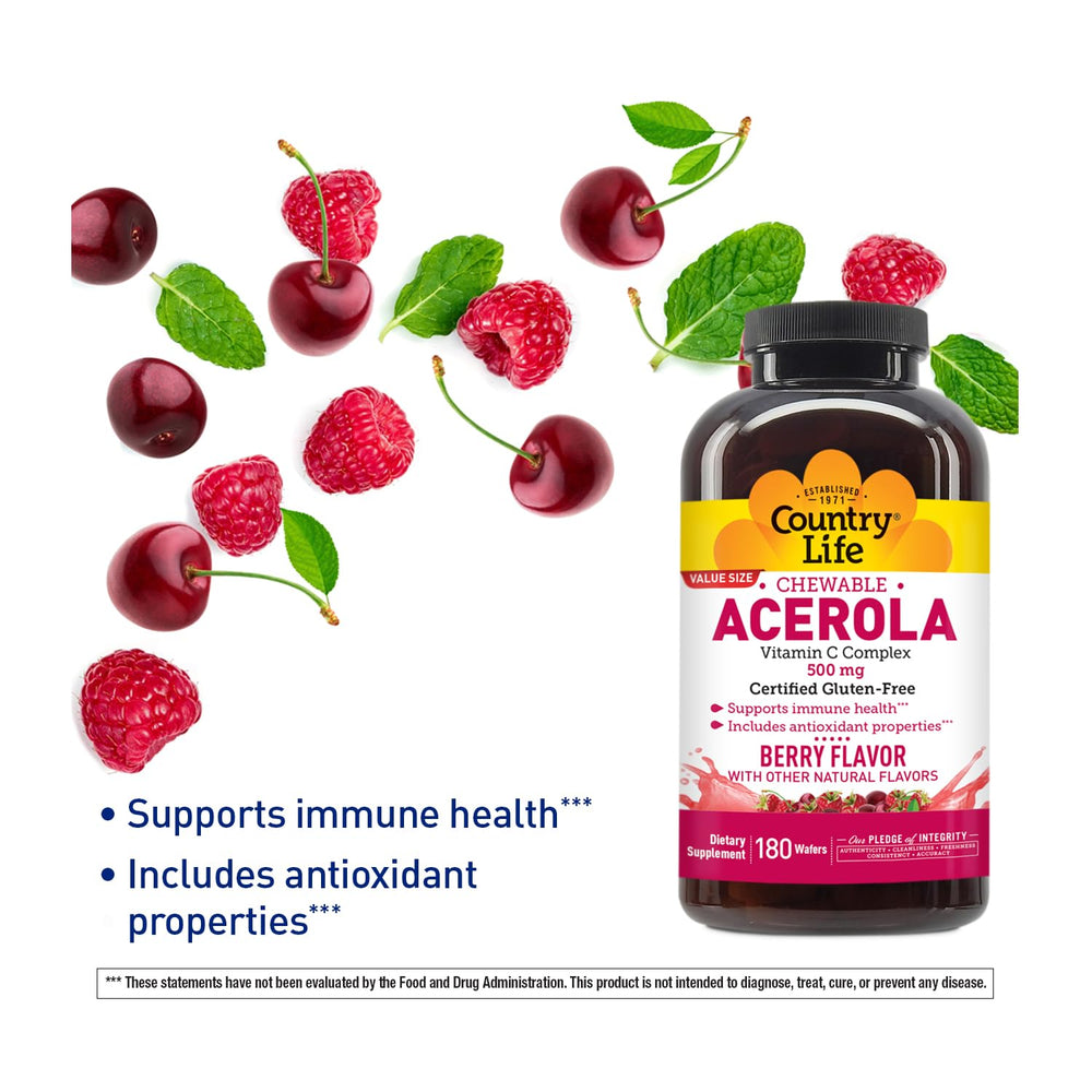 Country Life Acerola Vitamin C Wafers packaging box with gluten-free and vegan labels.