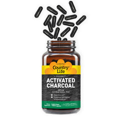 Country Life activated charcoal capsules bottle for digestive comfort.