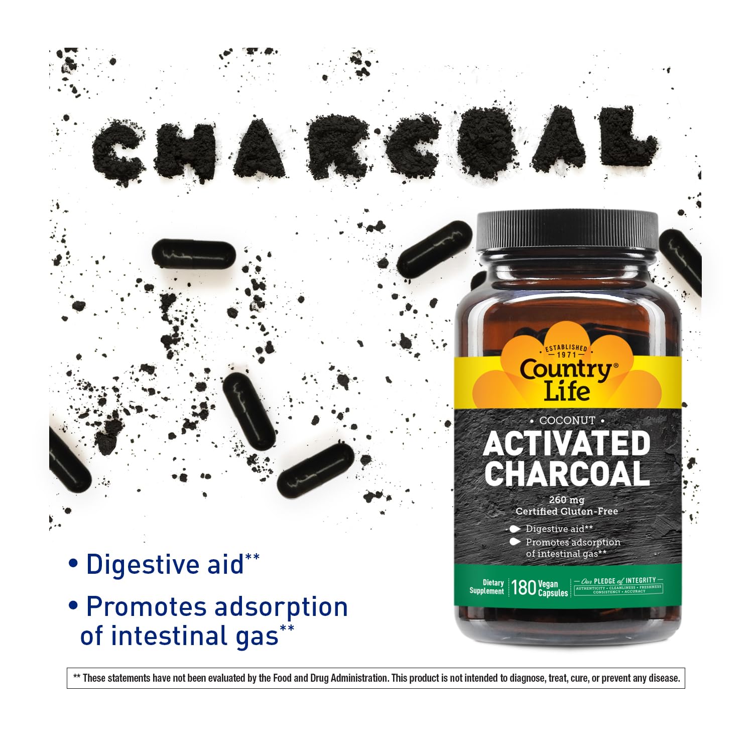 Closeup of Country Life charcoal capsules highlighting vegan, gluten-free benefits.