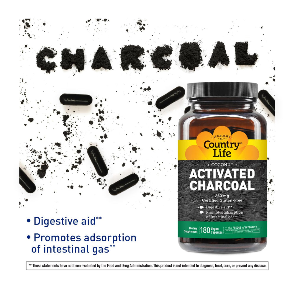 Closeup of Country Life charcoal capsules highlighting vegan, gluten-free benefits.