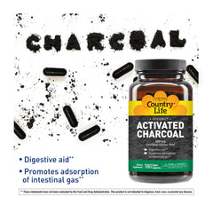 Closeup of Country Life charcoal capsules highlighting vegan, gluten-free benefits.