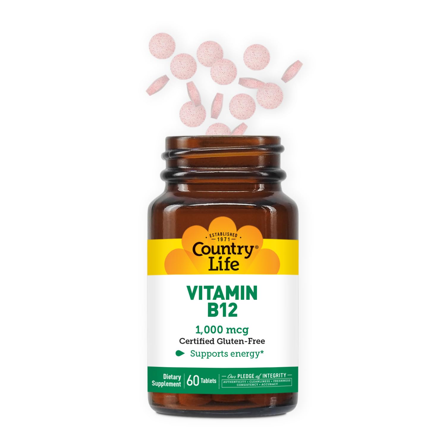 Country Life B12 bottle back label shows ingredients and gluten-free vegan formulation.
