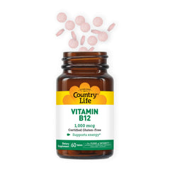 Country Life B12 bottle back label shows ingredients and gluten-free vegan formulation.