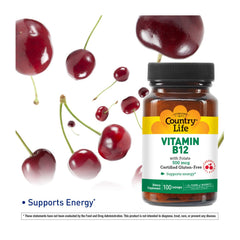 Country Life B12 with Folate bottle side view showing vegan and gluten-free labels.