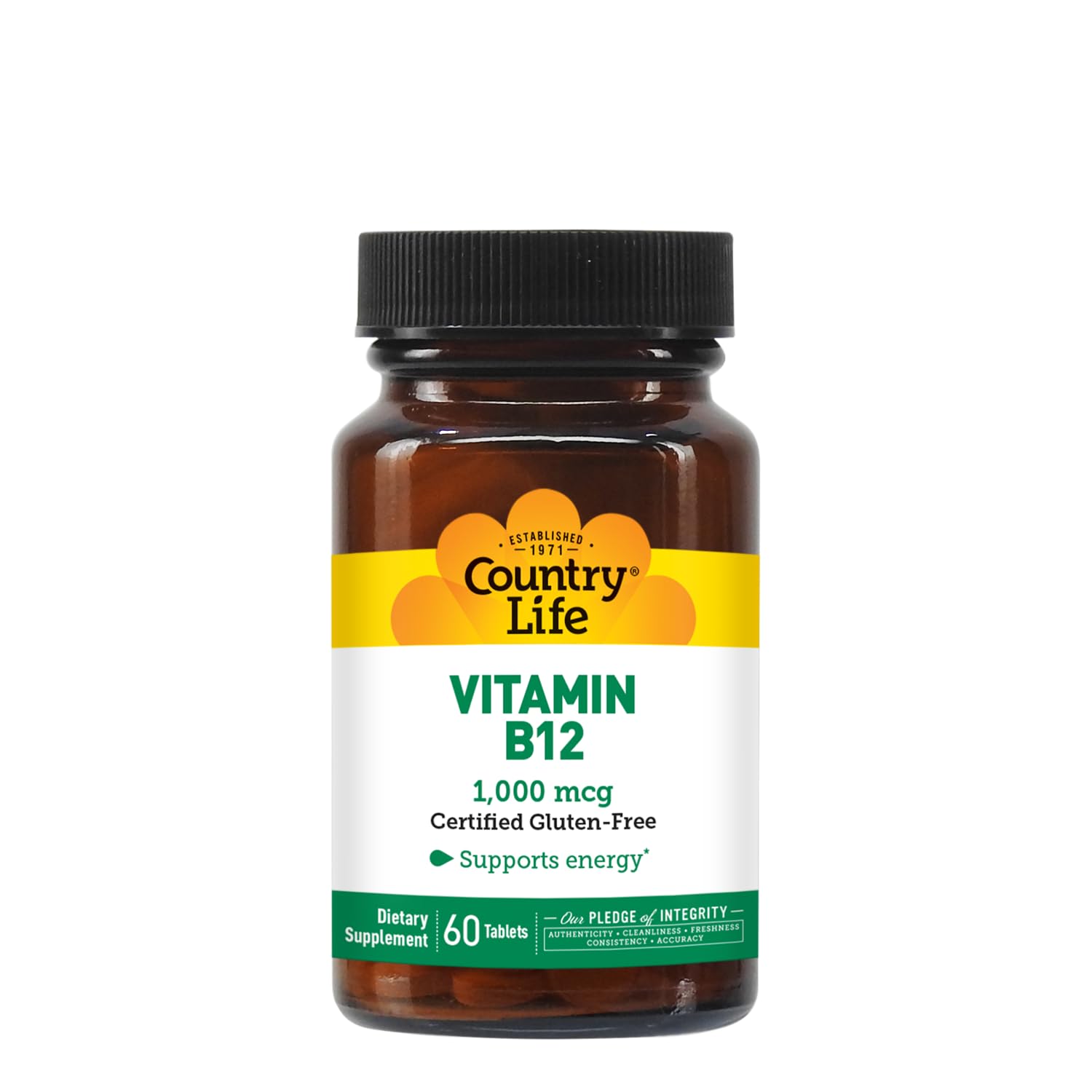 Country Life B12 bottle showcases vegan and anemia-prevention messaging.