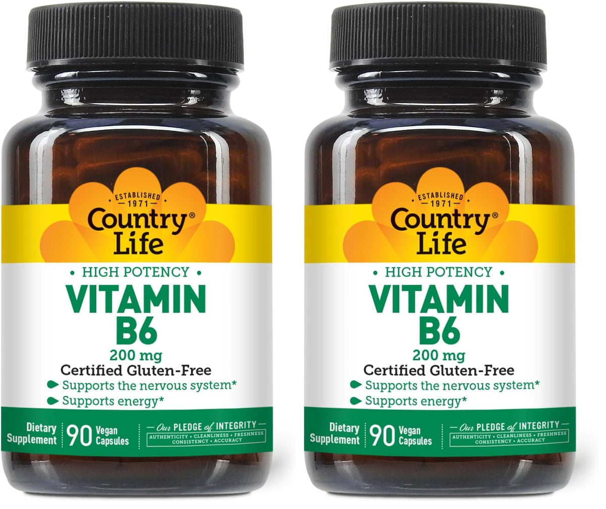 Country Life B-6 200mg bottle front supports energy metabolism