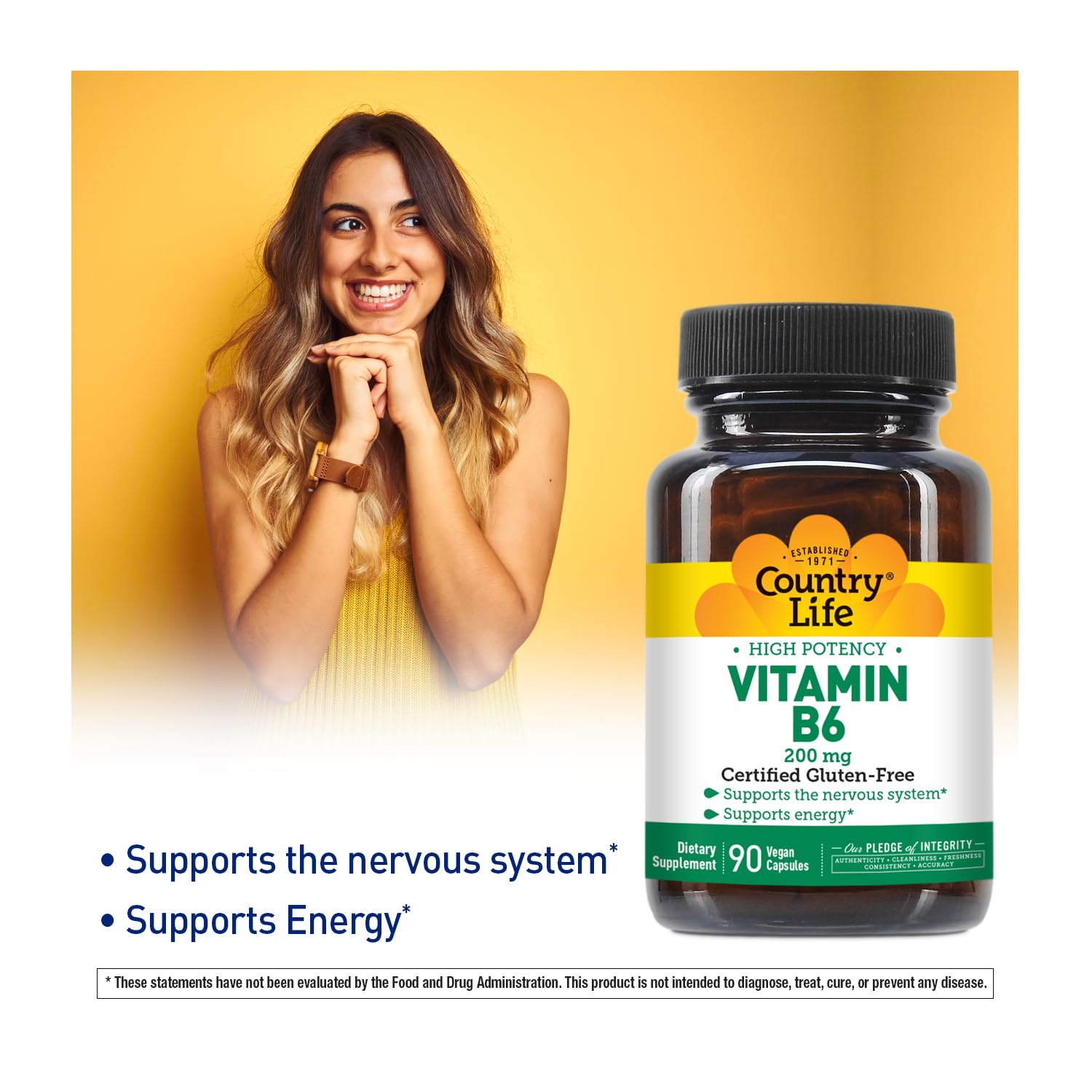 Country Life B-6 200mg bottle label highlights gluten-free vegan certifications