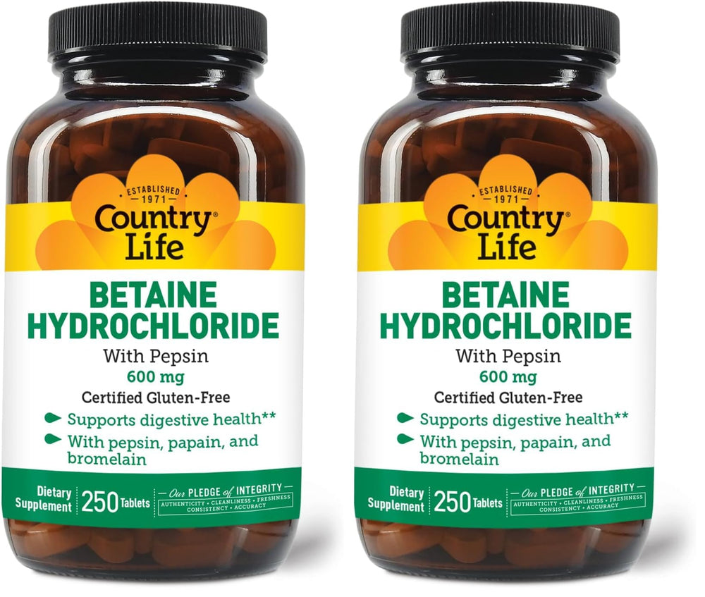 Country Life Betaine HCl with Pepsin bottle front view for digestive support with meals